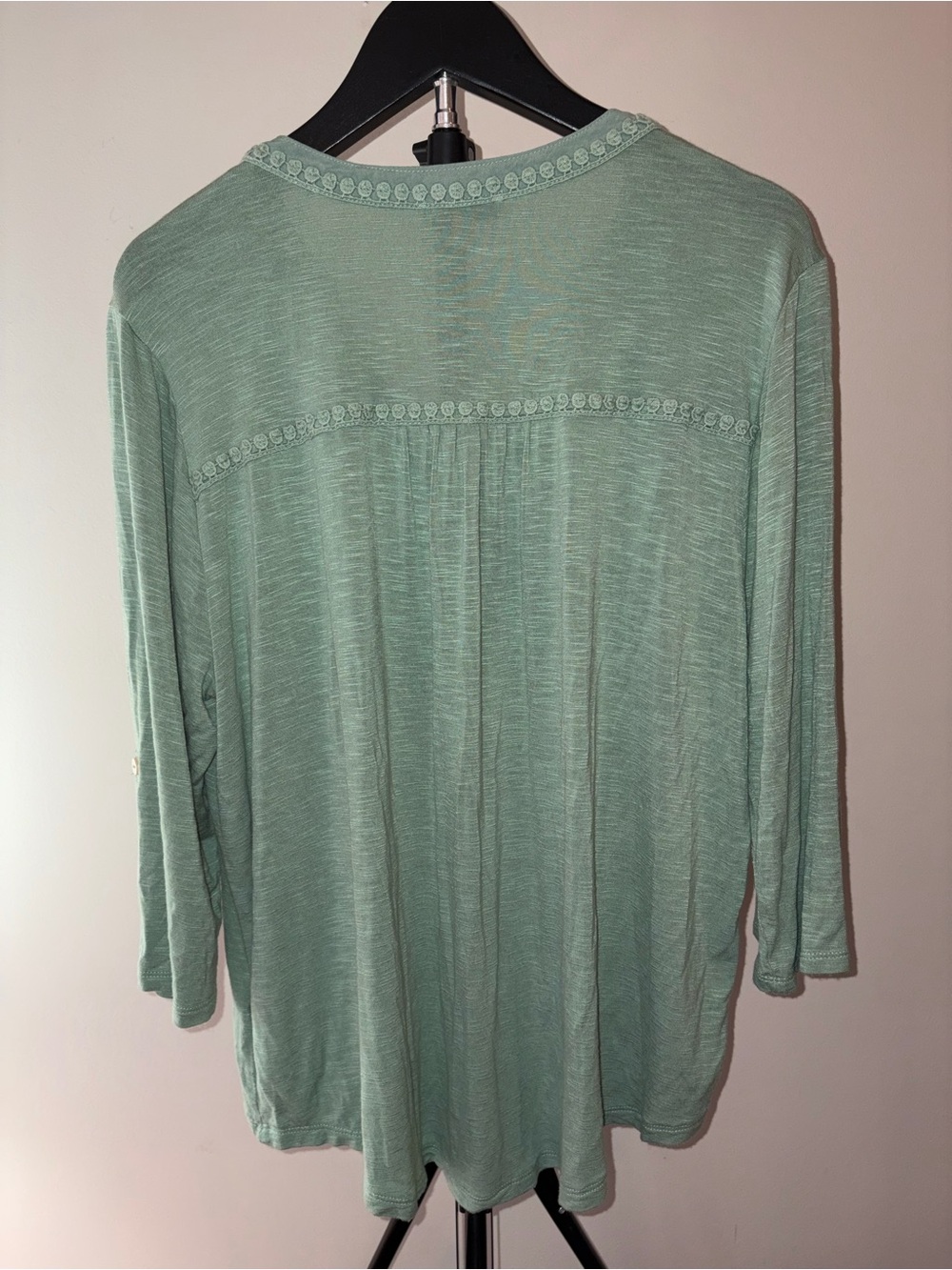 Democracy 3/4 sleeve mint green knit top w/embroidered lace front panel sz L EUC - Picture 5 of 6